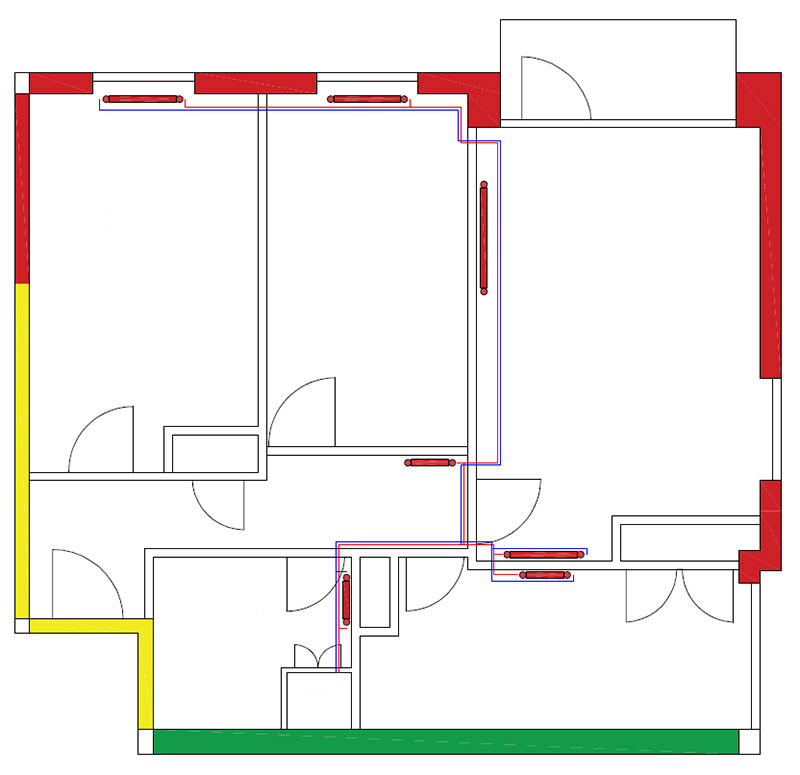 Example of a radiator and pipe run layout